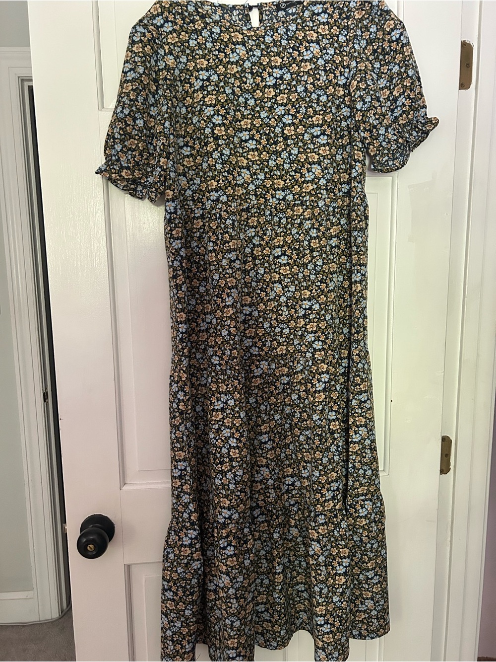 Black Floral Midi Dress with Blue and Tan Bouquet Print